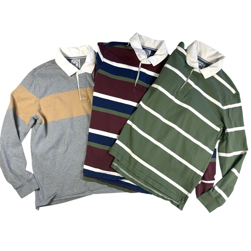 LOT of 3 Lands' End Rugby Shirts Men L Striped Cotton 90s Grunge Y2K Collegiate